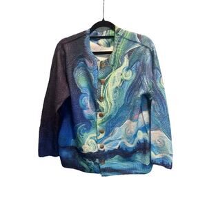 Van Gogh Starry Night Cardigan Knit Sweater Blue Green Art Grandmacore Large